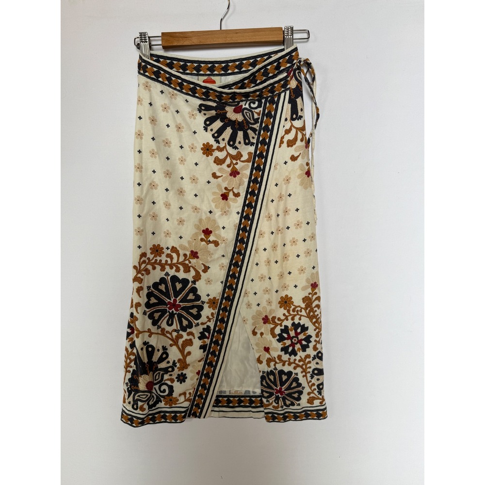 Farm Rio Cream Flower Fan Tapestry Printed Linen Wrap Midi Skirt Small Cream - Picture 2 of 7